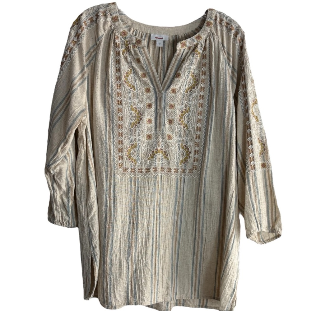 PURE JILL Striped Embroidered Tunic in Beige / Cream Size M — SUPER BOHO VIBES! - Picture 3 of 12